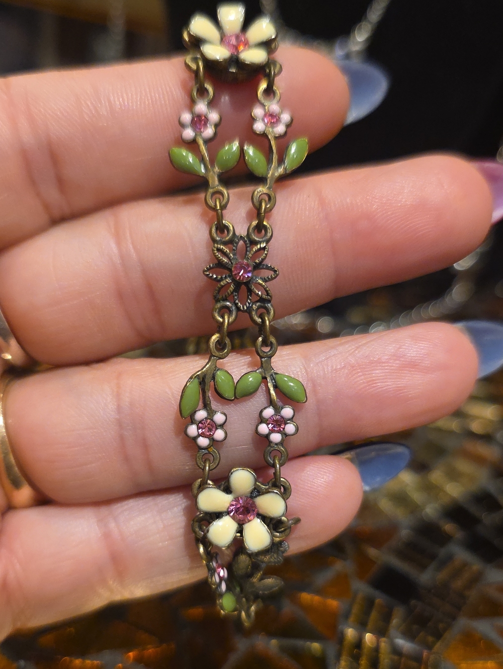 Source Unknown Cream, Pink & Green Floral Bracelet